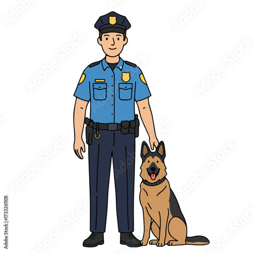 Cartoon illustration of a police officer standing with his K9 partner, a German Shepherd dog