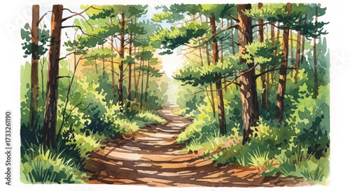 Serene autumn forest path with lush greenery and tall trees leading into the distance with warm sunlight filtering through, captured in a cinematic style with natural tones.