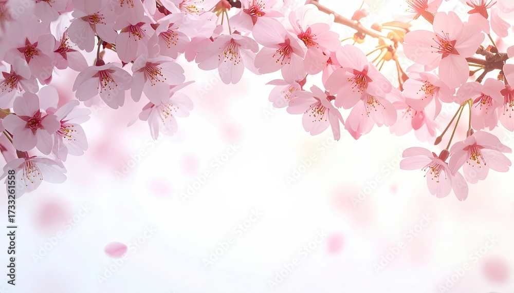Fototapeta premium Delicate pink blossoms on branches, sunlit, with softly falling petals