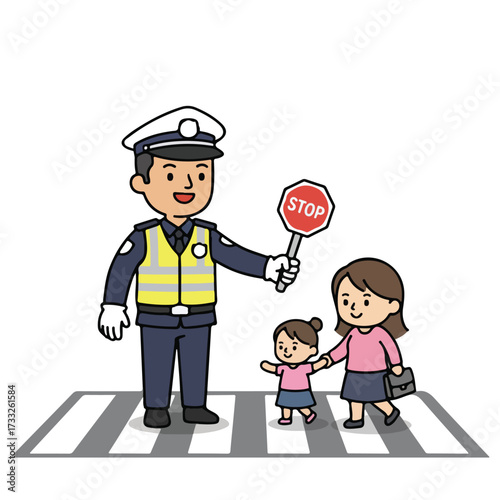 Crosswalk Assistance Police Officer Helping Mother and Child Cross