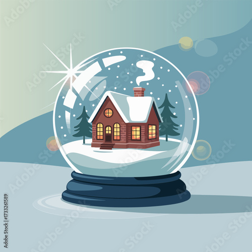 snow globe winter cabin decoration, falling snowflakes, cozy holiday scene, glass sphere ornament, festive season vector illustration