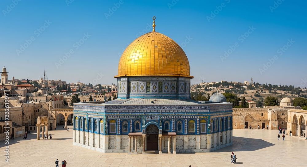 Obraz premium Golden Dome Mosque in Jerusalem with Blue Tile Walls and Clear Sky