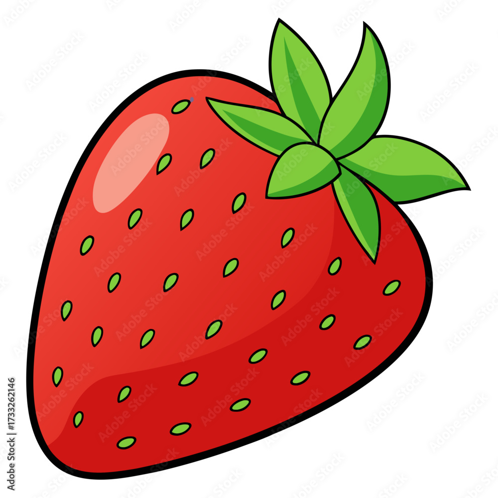 Obraz premium Vibrant red strawberry with fresh green leaves and tiny seeds, perfect for healthy eating and summer promotions