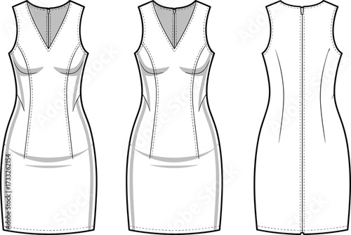 Technical fashion illustration, sleeveless dress design, V-neckline, princess seams, contour lines, garment construction, front view, back view, sewing pattern, apparel sketch