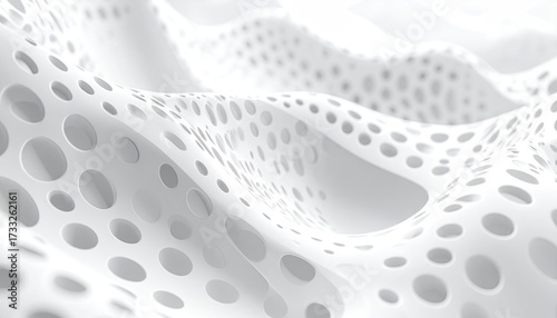 Fototapeta Naklejka Na Ścianę i Meble -  Abstract, flowing, white, undulating surface with a pattern of circular holes
