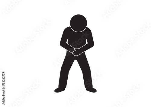 Stick figure icon of a person holding stomach isolated on white background