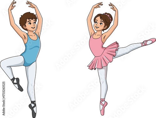 Cartoon ballet children dancing, smiling boy in blue leotard and graceful girl in pink tutu, elegant kids performing classical dance vector.