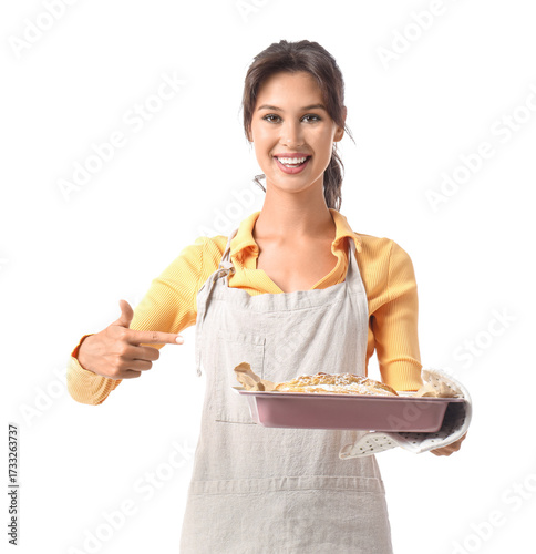 Young woman pointing at bak...