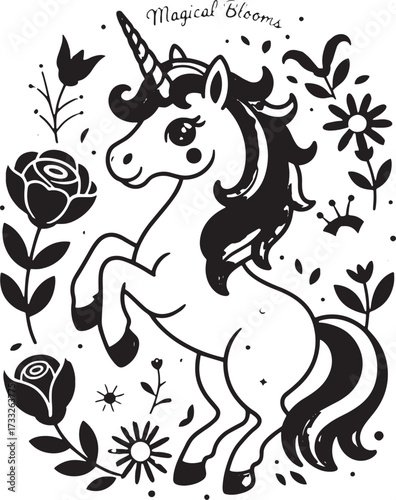 Charming unicorn rearing up amidst a vibrant floral garden in a whimsical fantasy scene