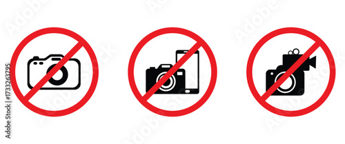 “No Photography & Mobile Device Warning Signs Set – Prohibition Icons for Cameras, Phones, and Video Recording in Red Circle Slash Vector”