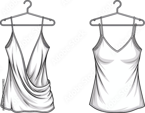 White sleeveless tops, elegant fashion, V-neck blouse, draped design, fitted silhouette, summer wear, clothing style, apparel, trendy, flat vector