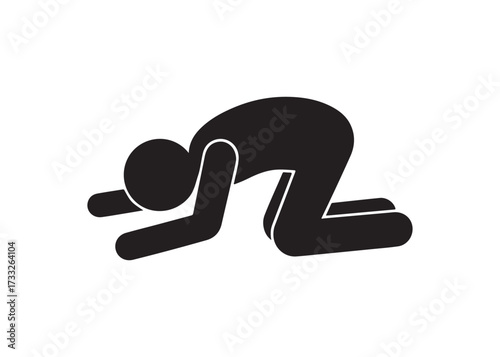 Stick figure man with head down isolated on white background is depressed