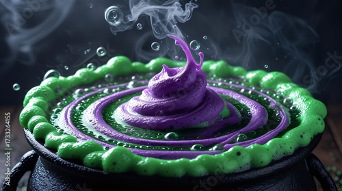 macro texture of bubbling witch cauldron surface, glowing green and purple potion foam