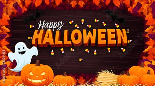 Fall Leaves Frame with Happy Halloween Text and Ghost - Horizontal Autumn Holiday Banner - Digital Invitation Graphic