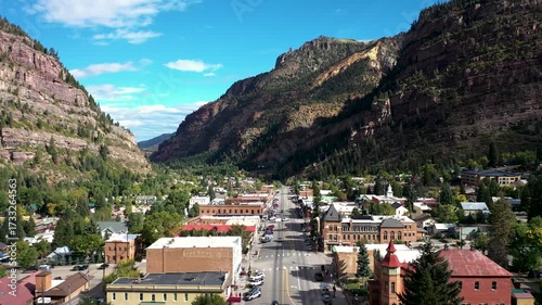 Aerial Drone Footage of Downtown Ouray, Colorado Alpine Town and Mountains