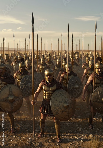 Ancient Soldier Army in Formation with Shields and Spears in Desert Scene