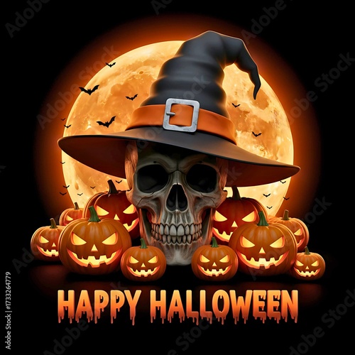3D Skull Wearing Witch Hat with Glowing Jack-o'-Lanterns - Happy Halloween Spooky Night Graphic - Square Poster Design
