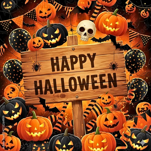 Wooden Sign and Carved Pumpkins Background - Happy Halloween Holiday Decoration - Digital Banner and Greeting Card