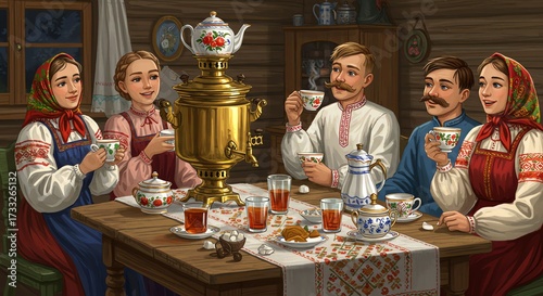 Traditional Russian Family Gathering in Cozy Wooden Kitchen with Tea and Vintage Decor