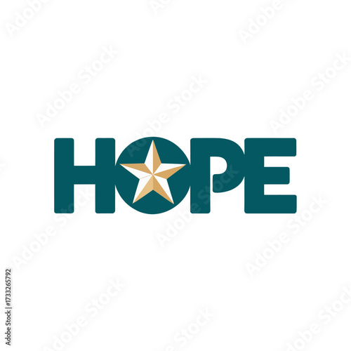 HOPE typography badge, bold block letters, star inside O, uplifting encouragement theme, modern inspirational poster, clean vector