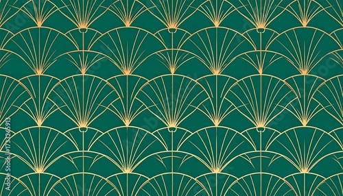 Art Deco pattern of gold fan-like shapes on teal background