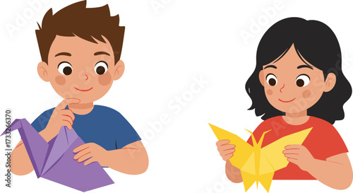 Cartoon boy and girl making origami paper birds, children crafting creative handmade art, kids folding colorful paper shapes vector illustration