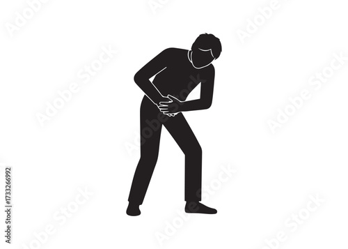 Stick figure man suffering from stomach ache isolated on white background