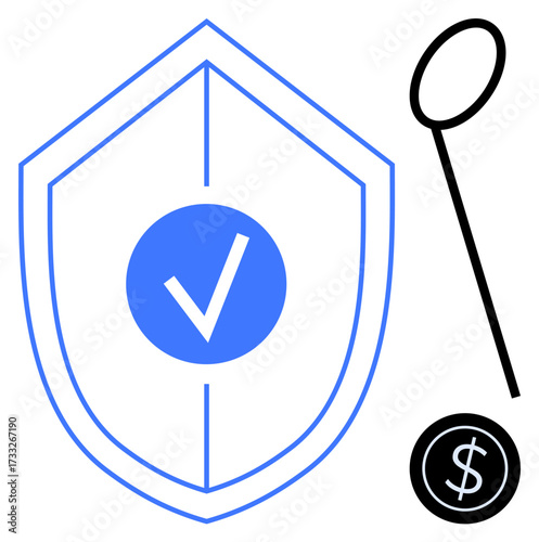 Shield with checkmark, magnifying glass inspecting dollar coin symbolizing financial protection, security, and investment assurance. Ideal for trust, fraud prevention, banking, analysis, insurance