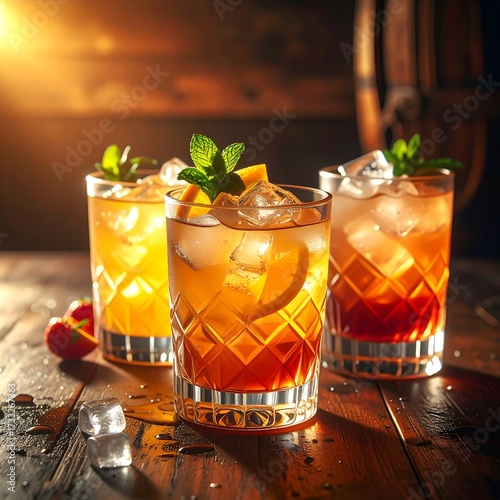 Three cocktails on a wooden table