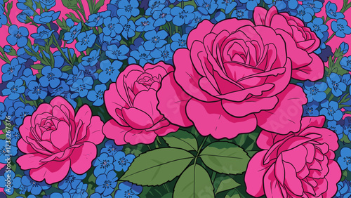 Vibrant Pink Roses and Blue Flowers Illustration
