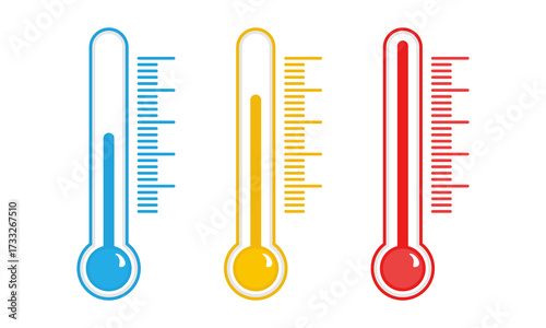 A Set of Three Modern Thermometers in Blue, Yellow, and Red, Clearly Indicating Different Temperature Levels
