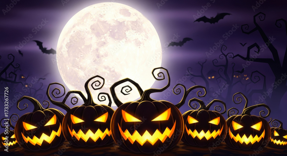 Fototapeta premium Group of glowing jackolanterns with spooky faces under a full moon on halloween night