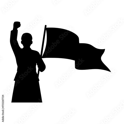 Silhouette of a person holding a flag with a raised fist in protest