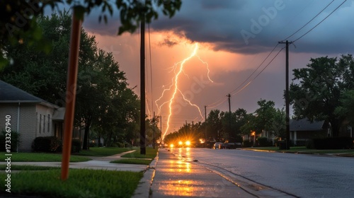 Electrifying spectacle of a lightning storm over a suburban street after rainfall