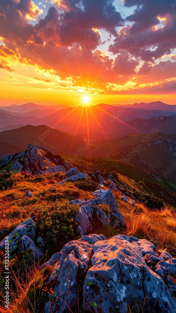 Obraz premium Glowing Sunset over Mountain Range with Rocky Terrain and Dramatic Sky