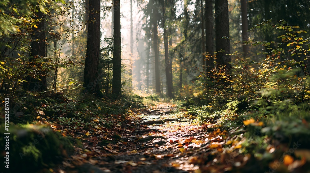 Obraz premium Sunlit forest path with fallen leaves and tall trees.