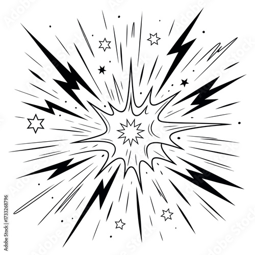 Dynamic black and white explosion burst with radial lines and cloud base