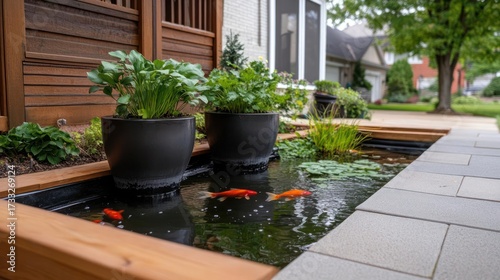 Tranquil koi pond with lush plants and modern design elements creating a serene garden