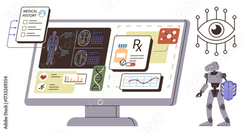 Large monitor screens showcase medical data, including patient history, DNA, and prescriptions. A robot assists beside the digital interface. Ideal for technology, AI, health innovation, diagnostics