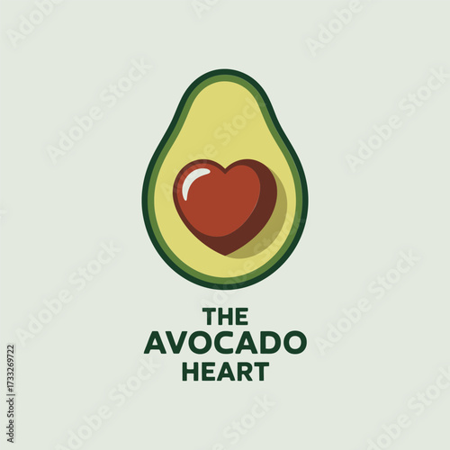 Avocado heart logo, cut half with glossy heart seed, healthy fat nutrition symbol, wellness cafe branding, vector