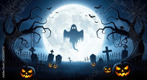 Eerie halloween graveyard scene with a ghostly apparition, jackolanterns, and silhouetted trees against a large full moon