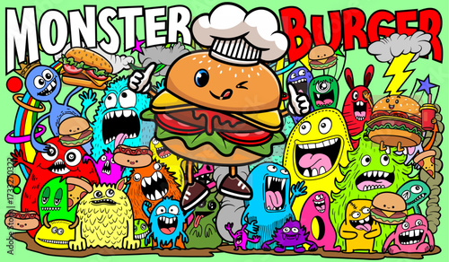 Doodle cartoon illustration of a burger monster