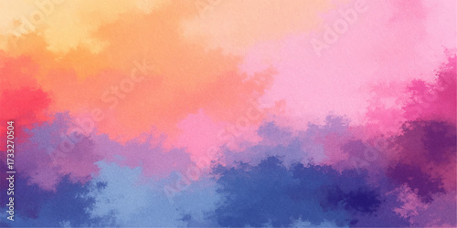 The colorful abstract watercolor texture features vibrant splashes of pink, blue, and yellow, reminiscent of a sunset sky