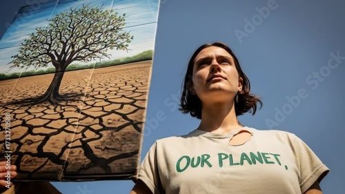 Climate protester holds arid landscape sign