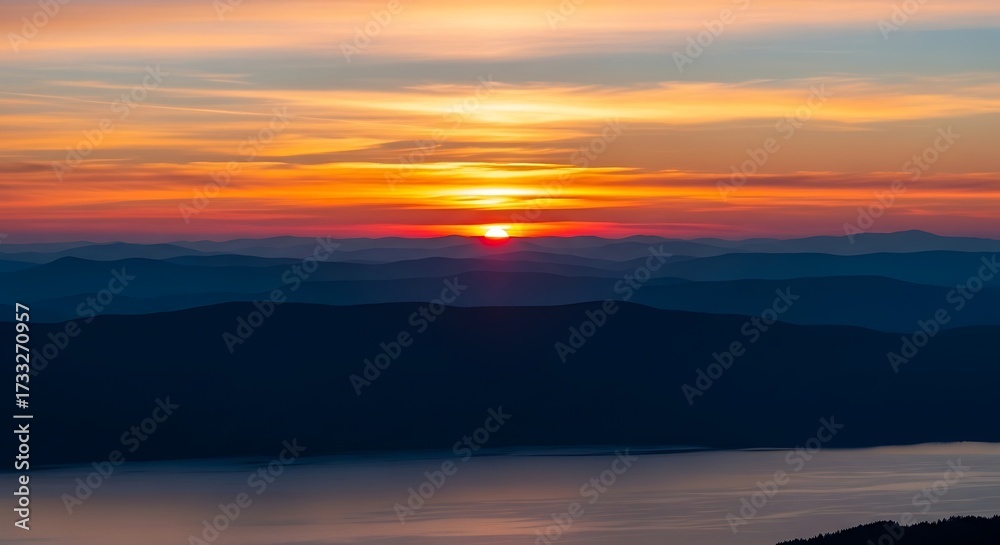 Fototapeta premium Vibrant Sunset Over Calm Waters and Distant Horizon.