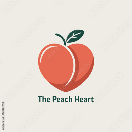Peach heart logo, fruit shaped like heart, leaf accent, romantic farmers market branding, cheerful color palette, vector illustration