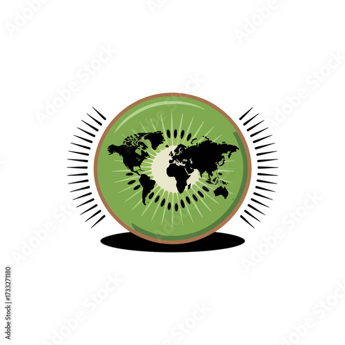Kiwi world icon, sliced fruit with world map illustration, global nutrition message, international produce branding, bold vector graphic