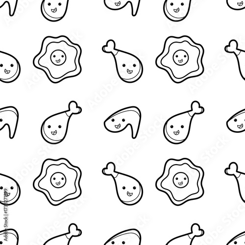Seamless pattern of hand drawn fried chicken and fried egg