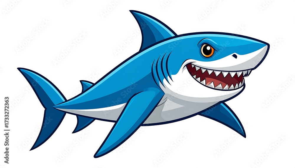 Obraz premium Cartoon illustration of a ferocious great white shark, depicted in blue and white. The shark smiles with teeth bared and is set against a white backdrop