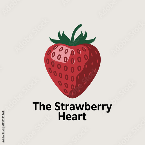 strawberry heart concept, red berry shaped like love, green leaves crown, sweet romance theme, charming food vector illustration